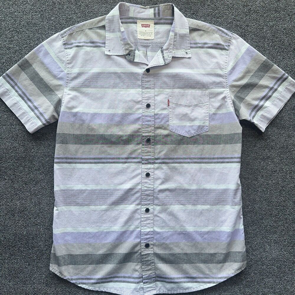Levi's Button Shirt Men M Wide Stripe Gray Pink Purple Levis Tab Logo Stitch